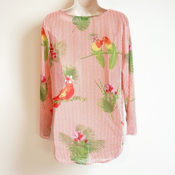 NEW Lemon Way Striped Tropical Lightweight Scoop Neck Long Sleeve Blouse Top XS - Picture 3 of 7